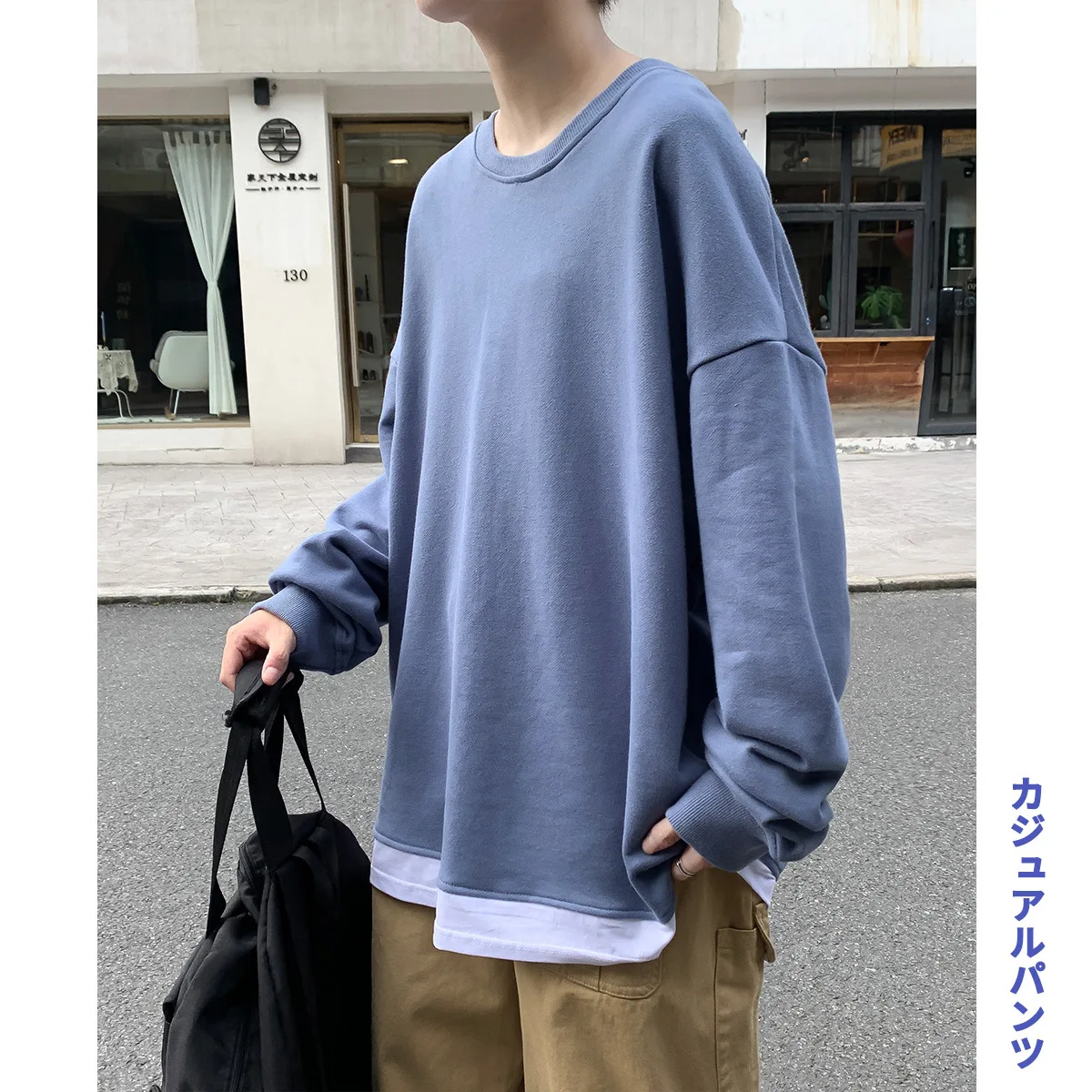 

Fashion casual large size fake two piece men's new autumn 2020 pure color round neck Pullover loose couple's top