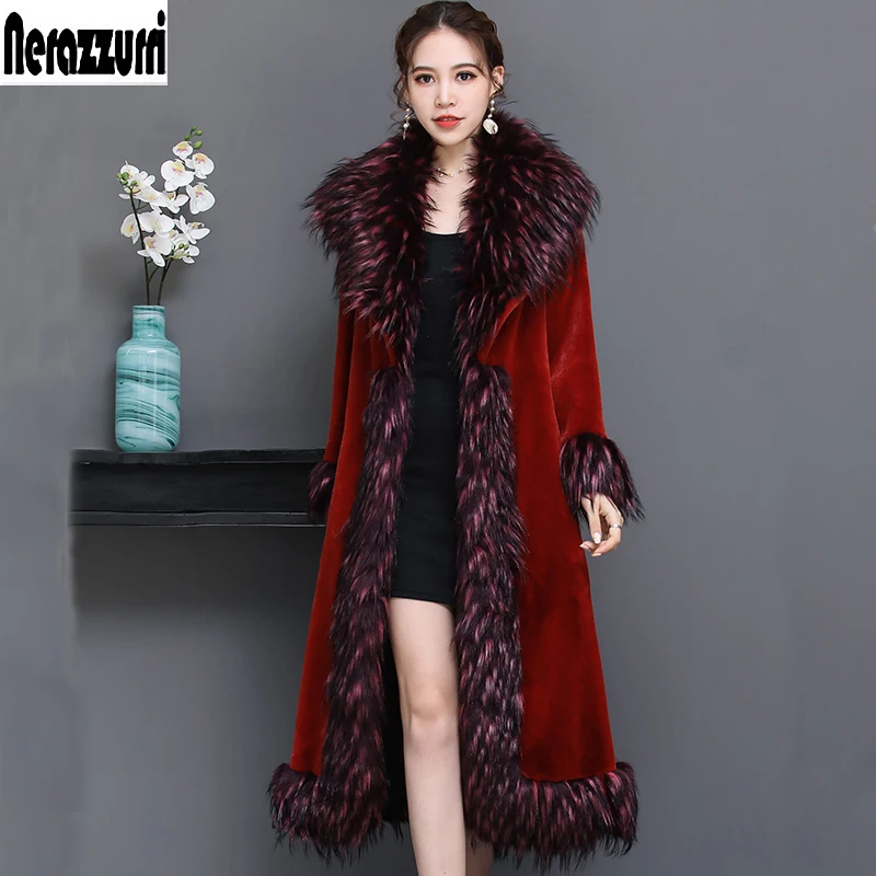 

Nerazzurri Elegant Luxury runway faux fur coat women 2021 Winter black blue red long furry fluffy outwear with fox fur collar