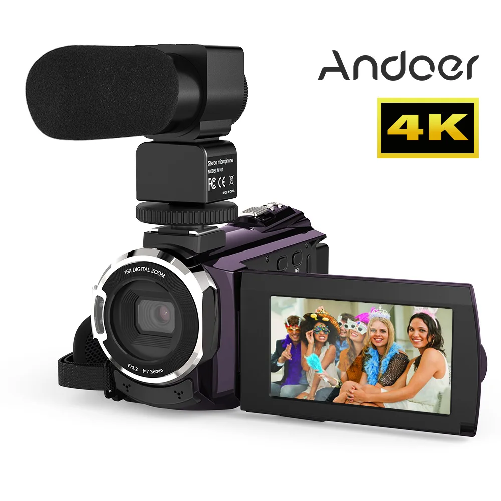 Цифровая видеокамера Andoer 4K 1080P 48 МП Wi Fi записывающая с 2 шт. перезаряжаемых батарей
