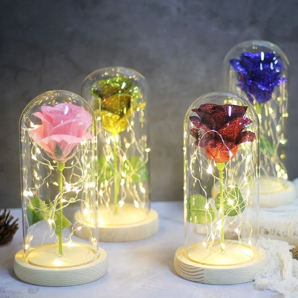 

Hot Beauty And Beast Rose In Flask Led Rose Flower Light Black Base Glass Dome Best For Mother's Day Valentines Day Gift
