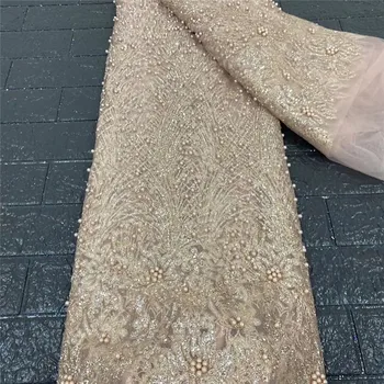 

African Sequins Net Mesh Lace Fabric High Quality Lace beads Lace French Tulle Lace Nigerian Beige Lace Fabrics For Wedding