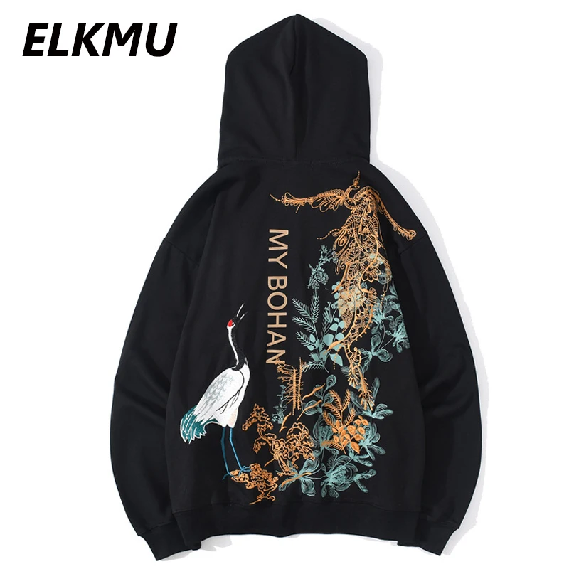Свитшот ELKMU Crane с вышивкой в стиле Харадзюку для мужчин и женщин уличная одежда