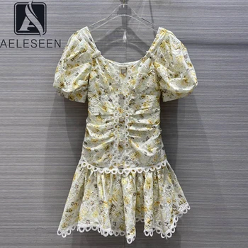 

AELESEEN Runway Fashion Women Dress Sexy Summer Bodycon Mini Dress Puff Sleeve Draped Diamonds Button Floral Print Party Dress