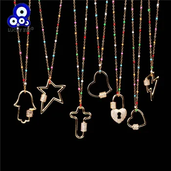 

Lucky Eye Fatima Hand Star Heart Lock Necklace Gold Color Chain Micro Pave Pendant Necklace for Women Female Girls Jewelry LE321