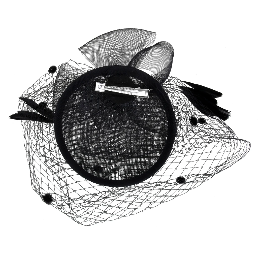 Bridal Fish Net Face Veil Feather Fascinator Hair Clip Party Headpiece Black
