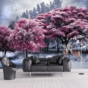 

Custom Photo Mural Pink Forest Big Tree Elk Nature Landscape 3D Wall Painting Waterproof Canvas Wallpaper Living Room Restaurant