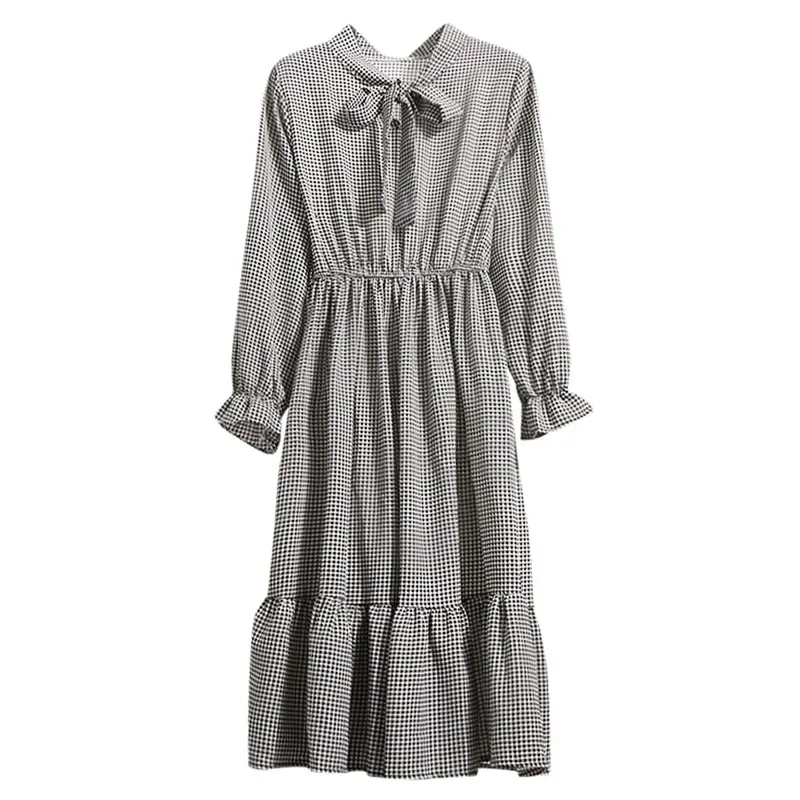 

Women Spring Autumn Dress Plus Size Lady Fashion Elegant Casual Plaid Printed Long Sleeve Elastic Waist Bandage Dress Femme