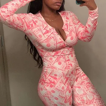 

Money Print Sexy Onesie for Adults Pajama Long Sleeve Sleepwear Women Nightwear Long Jumpsuit Romper Femme Lingerie