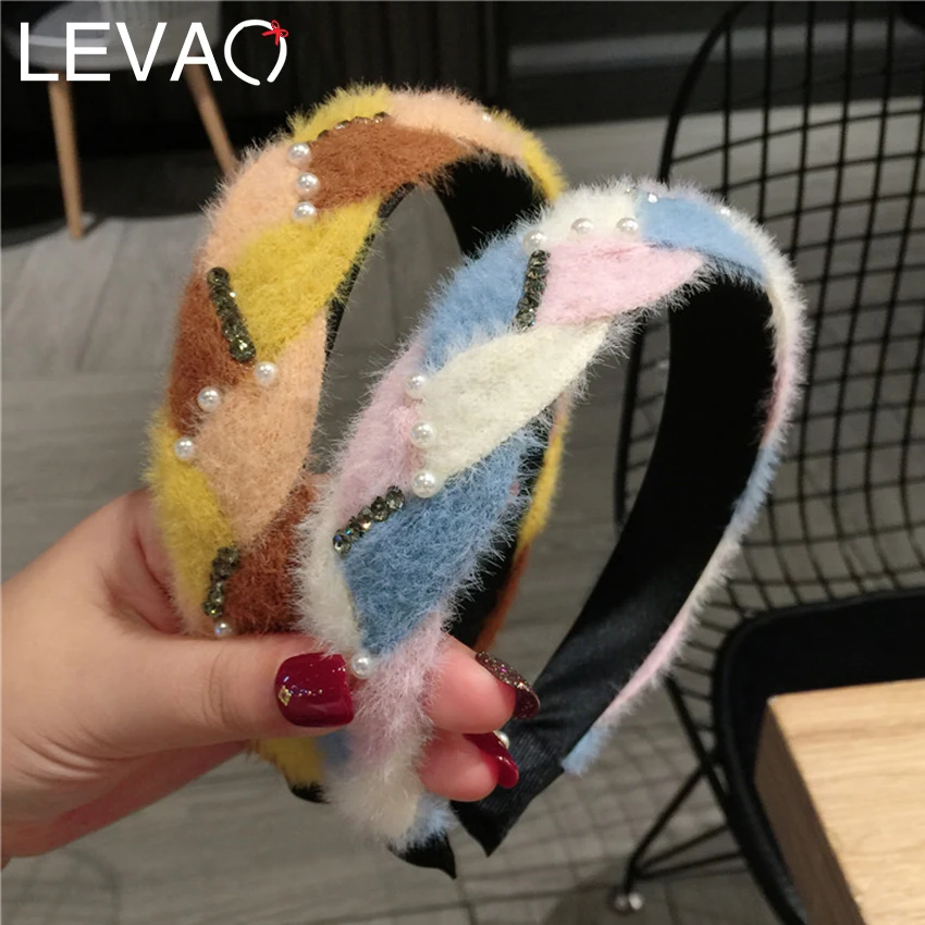 Levao зимние; вязанные; шерстяные резинки для волос для женщин жемчужный плюшевый Плетеный ободок для волос обруч для волос повязка для волос аксессуары для волос