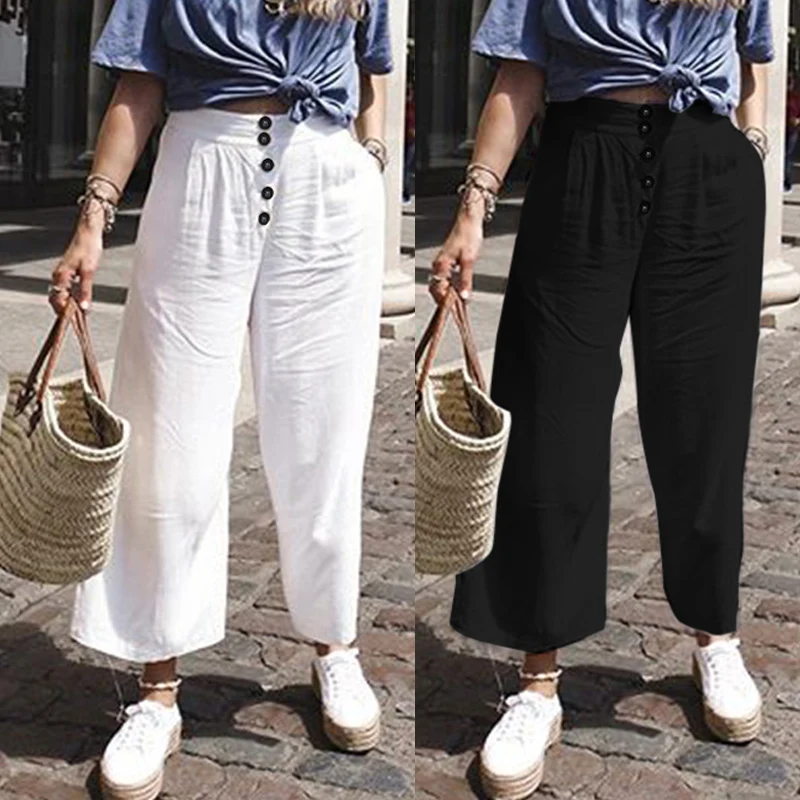 

Vintage Casual High Elastic Wasit Loose Wide Leg Trousers Women Celmia Plus Size Solid Buttons Pockets Long Pants Elegant Bottom