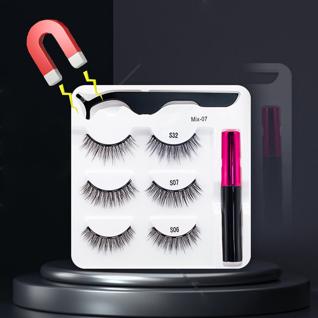 3/5/7Pairs Magnetic Eyelashes False Lashes Repeated Use Eyelashes Waterproof Liquid Eyeliner With Tweezer Makeup Set