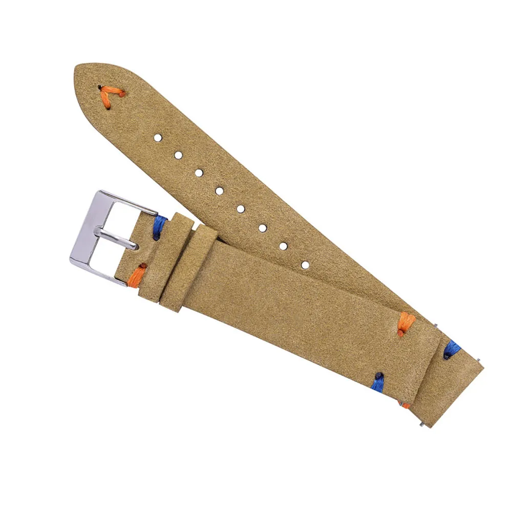 Luxurious Hand-Stitched Suede Leather Watch Straps in Beige, Green, and Blue with Quick Release