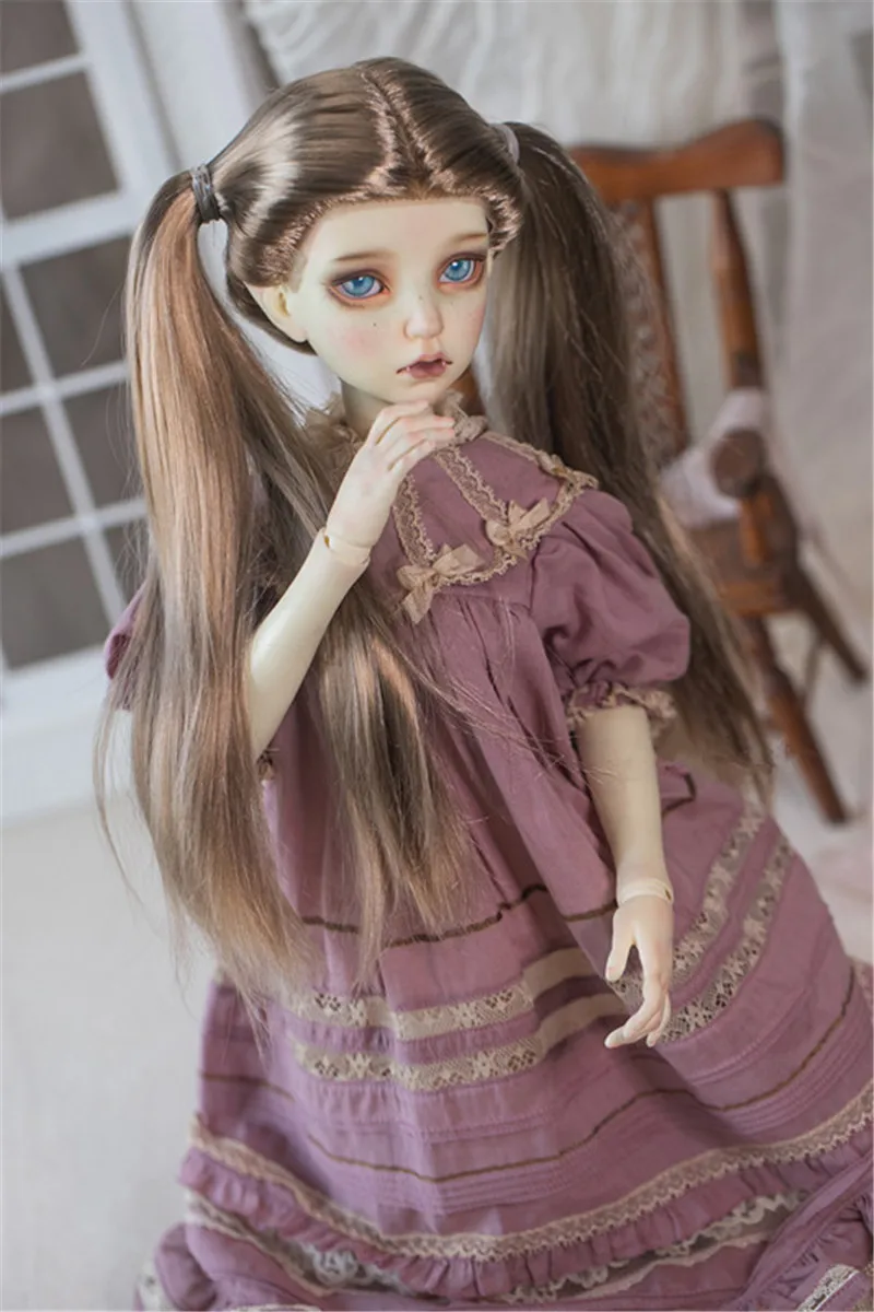 

BJD doll wig fits with 1/3 size khaki soft silk hand hook hairline double ponytail wig doll accessories
