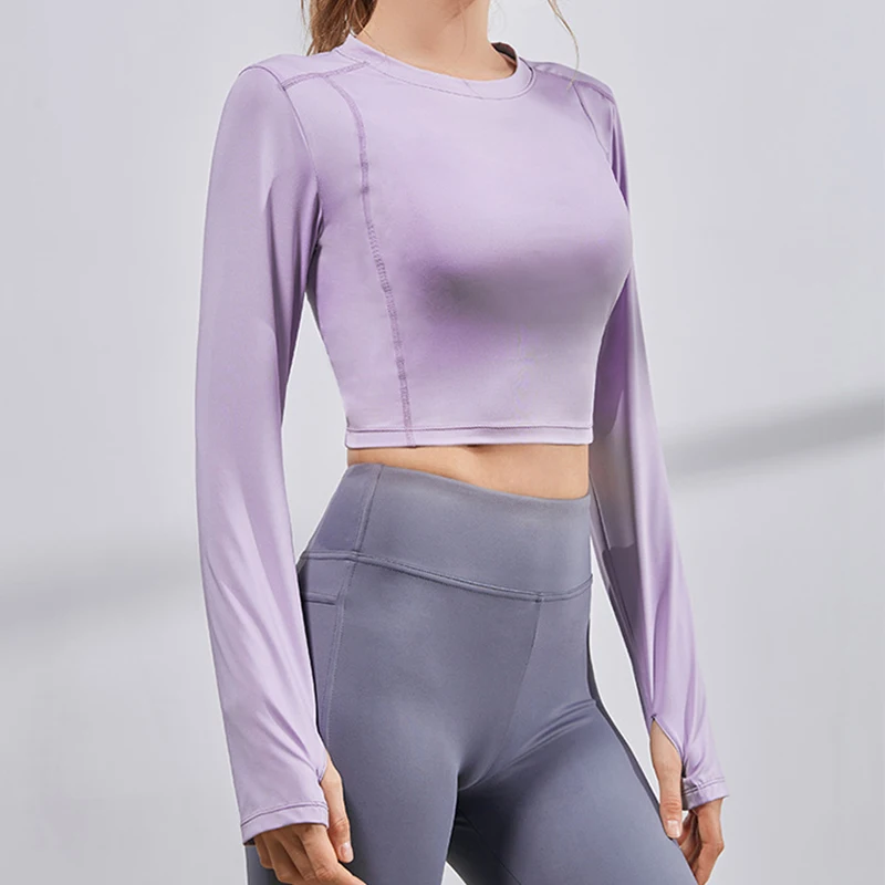 purple Zhangyunuo, рубашки с длинным рукавом для йоги, поясничные женские рубашки, спортивные топы, сексуальные, милые, для тренировок, обтягивающие, для тренажерного зала, для фитнеса, для сухой посадки, одежда для активного отдыха - Цвет: purple