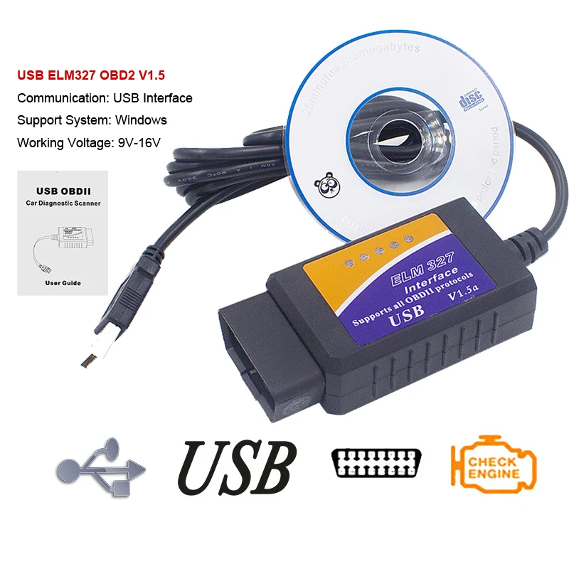 OBD2 ELM327 V1.5 автомобильный диагностический инструмент USB кабель интерфейс Поддержка всех OBD2 протоколов для Windows ELM 327 USB OBD сканер