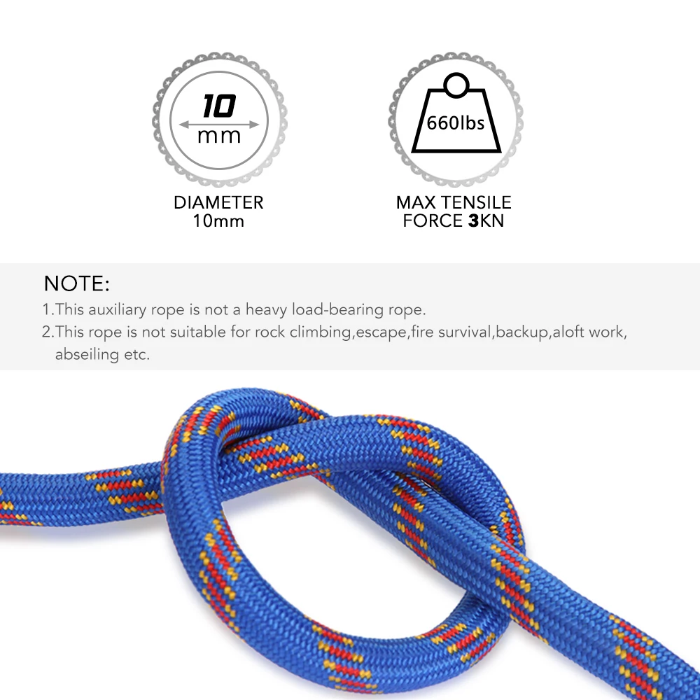 10M / 50M 10mm Rock Climbing Rope Heavy Duty Climbing Equipment Safety Rope Carabiner Gear Outdoor Climbing Fishing Camping