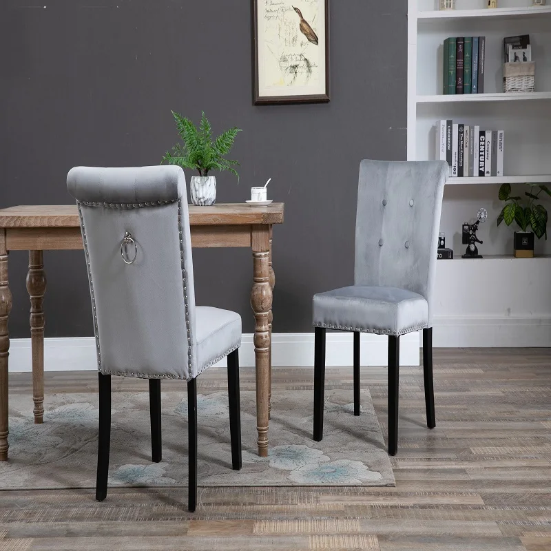 

US-Velvet Fabric Rubber Wood Legs Cushion Raw Cotton Density 26 Spring Manicure Dressing Stool Two Sets Silver Gray
