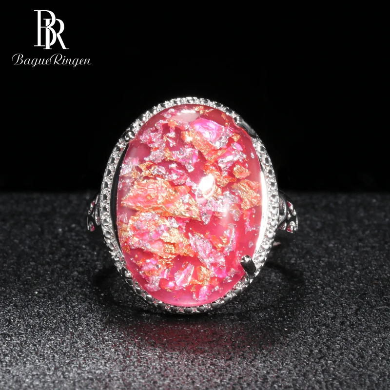 pink Bague Ringen, овальная форма, розовый, фиолетовый, голубой опал, серебро, 925, Ювелирное кольцо с камнями для женщин, аксессуар для женщин, подарок, вечерние - Цвет камня: pink