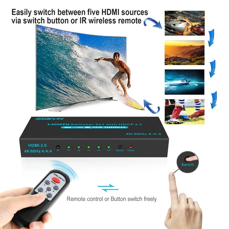SGEYR 4k HDMI переключатель 5x1 коммутатор сплиттер 5 входов 1 выход к адаптер для ПК