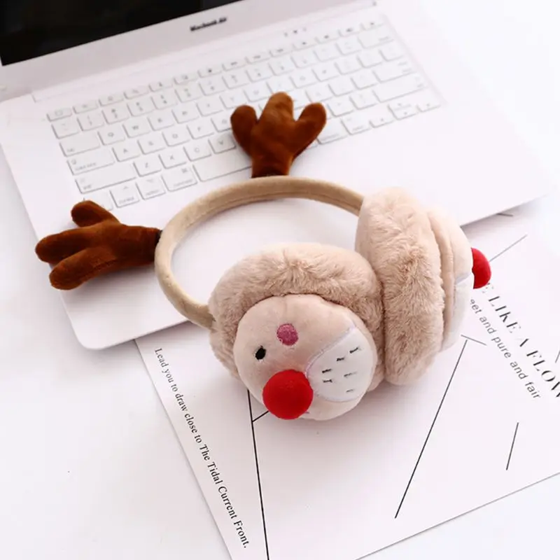 Womena Winter Christmas Plush Earmuffs Cartoon Reindeer Antler Party Ear Warmer
