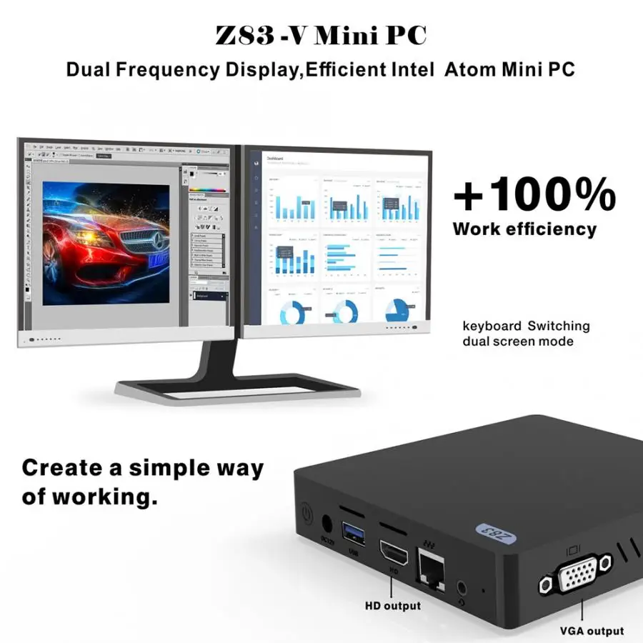 Для Intel Z8350 четырехъядерный мини-ПК 4+ 64G Компьютер предварительно установлен для Windows 10 100-240V