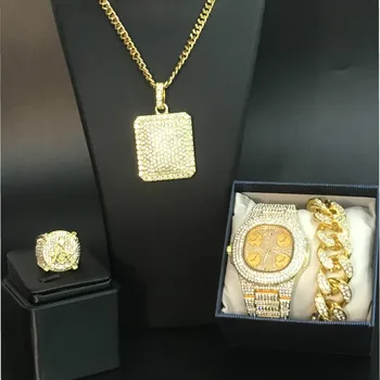 

Luxury Men Gold Watch Hip-hop Jewelry Set Ice Out Watch & Necklace & Bracelet & Ring Ice Out Cuban Jewelry Hip Hop For Men