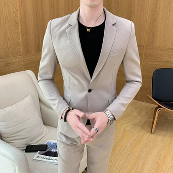 

2019 autumn new tide men's single buckle solid color casual embroidered slim long-sleeved suit suit groom knot clothes (shirt +