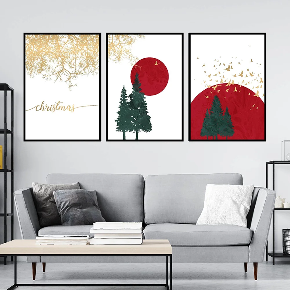 

Modern Christmas Tree Posters Winter Golden bird Red Sun Canvas Painting Wall Art Pictures For Living room Bedroom Decor