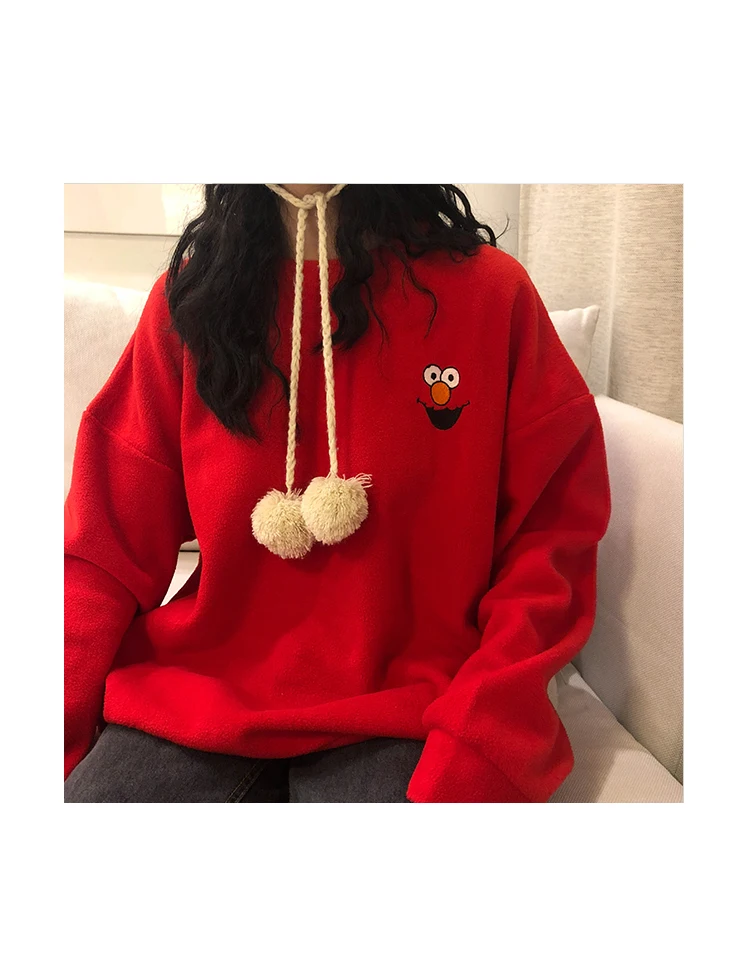 Ulzzang kawaii Harajuku милый зимний нагрудный Свободный пуловер с вышивкой и круглым вырезом Повседневная Женская толстовка большого размера