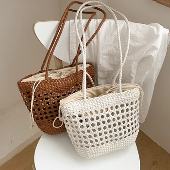 

casual hollow out women shoulder bags designer pvc woven crossbody bag lady large capacity totes summer beach basket bucket bag