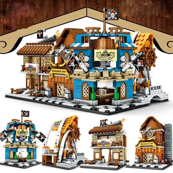 

New Enlighten City Live Pirates Street View House In Caribbean Town Bar Barbecue Seafood Blacksmith Building Blocks Toys Gift