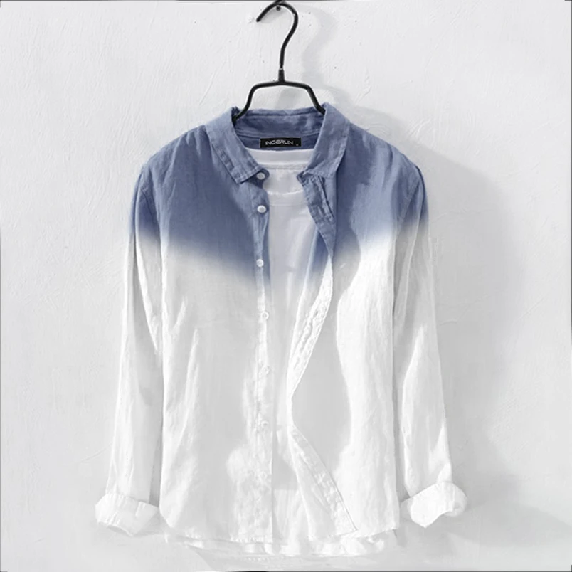 Dark Blue Shirt INCERUN мужские рубашки с длинным рукавом Висячие окрашенные градиентные хлопковые топы уличная мода на пуговицах повседневные брендовые рубашки для мужчин - Цвет: Dark Blue Shirt