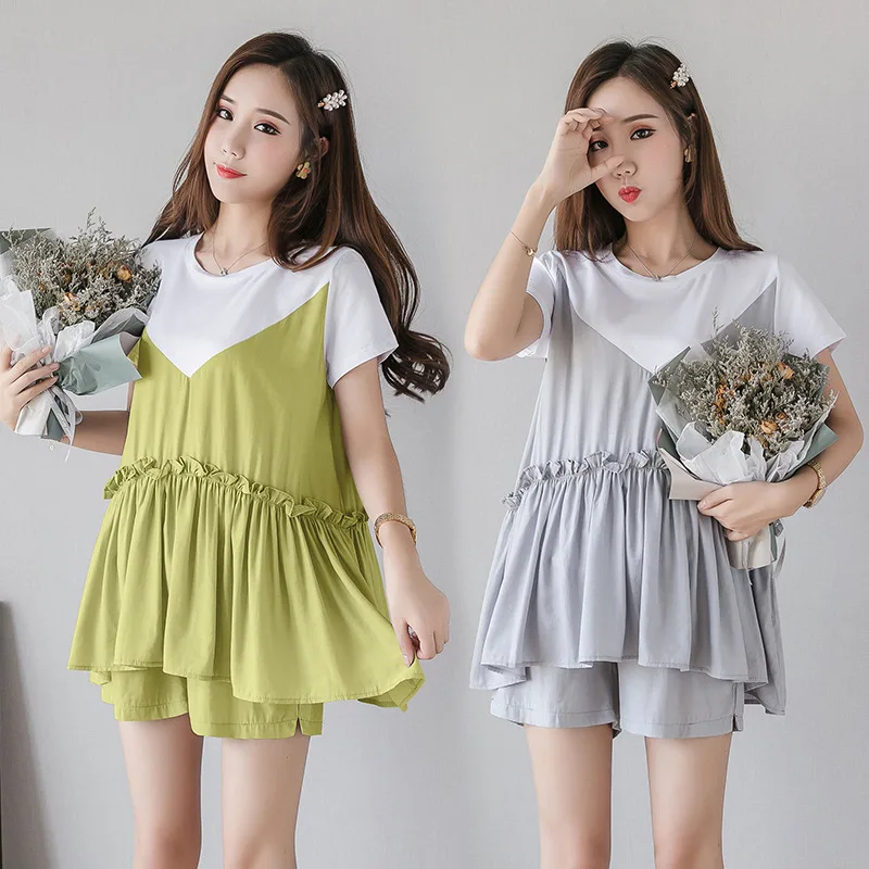 

Pregnant Women Set Summer Wear Fashion Models 2019 New Style Fashion Mom Short-sleeved Top Abdominal Support Shorts Outer Wear C
