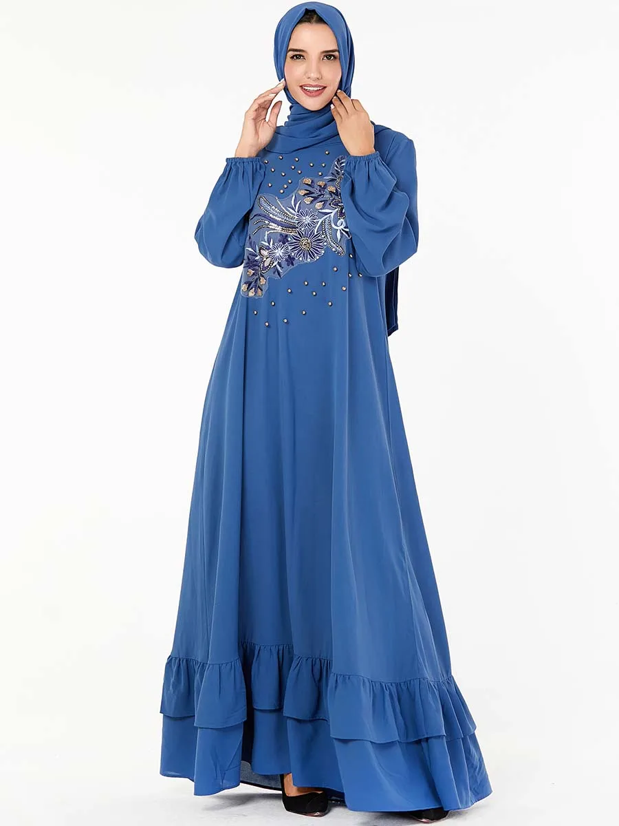 BNSQ плюс размер мусульманское длинное платье Синие Бусины вышивка большие качели лист лотоса Дубай абайя турецкий Кафтан Исламская одежда для хиджаба