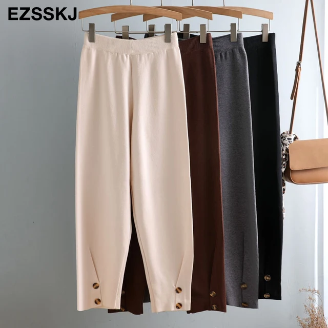 Women Elastic Waist  BUTTON Trousers Thick Knitted Harem Pants Autumn Winter Sport pants sweater Knitted Carrot pants 1