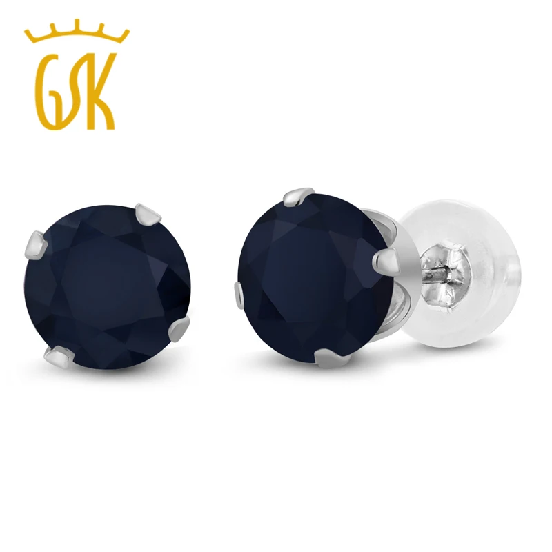GemStoneKing 2,12 Ct 6 мм круглый синий сапфир Для женщин серьги 10K белое золото 4-зубчатые серьги-гвоздики