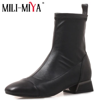 

MILI-MIYA Genuine leather&stretch microfiber women ankle boots waterproof spring/autumn solid pointed toe thin heels handmade