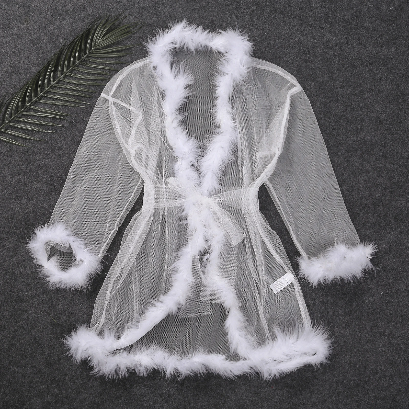 Women Mesh Sheer See Through Sleepwear Robe 3pcs Fur Erotical Set Sexy  Lingerie Costume Night Gown