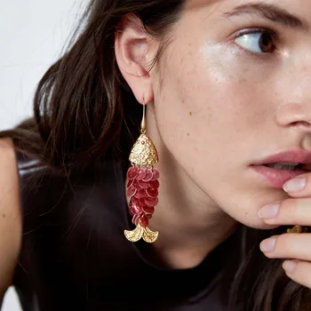 

Dvacaman ZA Fashion Red Sequins Fish Statement Earrings Women Long Metal Drop Earrings Wholesale Jewelry Dropshipping 2020 Gifts
