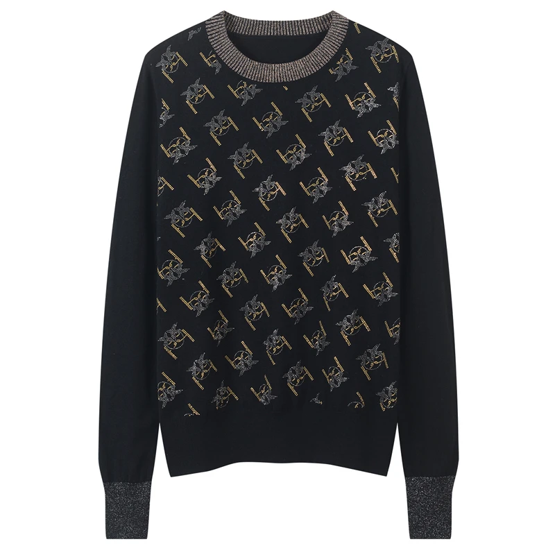 

Women Sweater Slim Fit Hot Drilling Geometric Pattern Knitted Lurex Pullovers Long Sleeve Top Apring Autumn Jumper