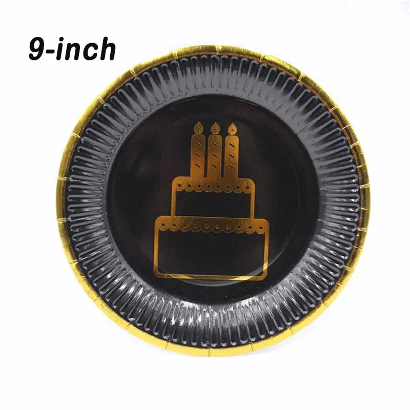 Plates 9-inch 10pcs Черные тарелки, салфетки для стаканчиков, соломинки, Свадебные Декорации для взрослых, юбилей, дней рождения, вечеринок, одноразовые столовые приборы в Золотой горошек - Цвет: Plates 9-inch 10pcs