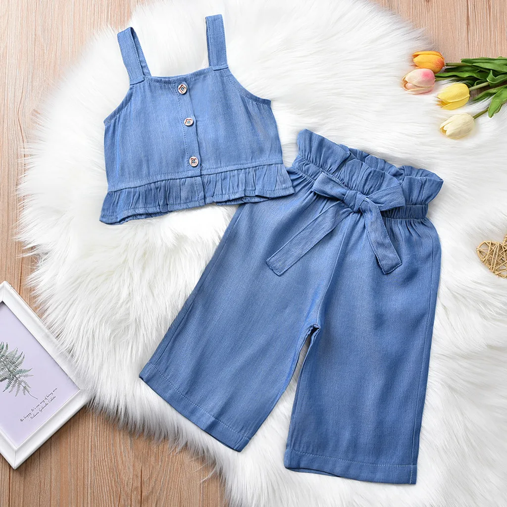 Summer hot denim children suit sleeveless suspender frill solid color vest top + bow wide leg pants set blue детская одежда 50* |