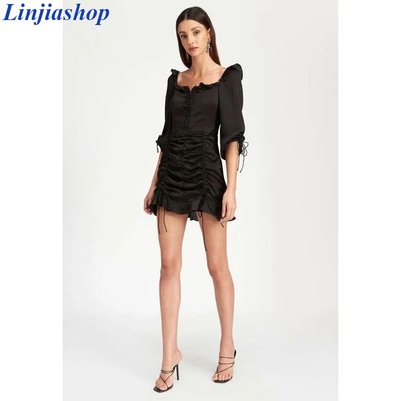 Летнее платье женское однотонное черное атласное шифоновое платье|Платья| |