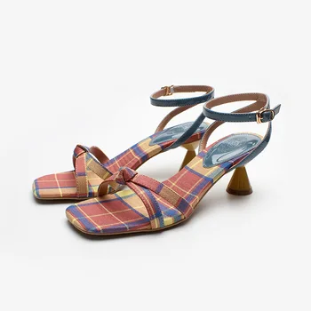

Summer 2020 High-heeled Women Sandals Square Toe Mixted colors Lady's Ankle strap Bowknot Sandals Women
