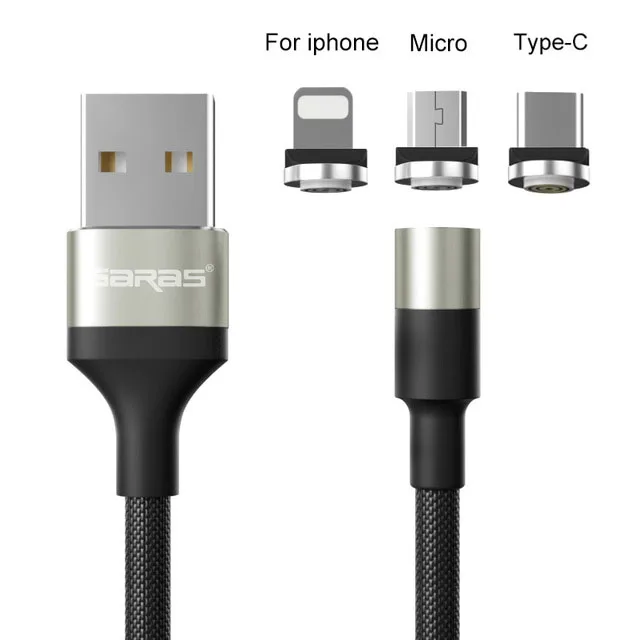 GARAS Magnetic USB Cable Adroid  Micro USB&Type C 3A Fast Charging Charger Data Cable QC3.0 Quick Charge Magnet Charger Cable silver cable 3in 1