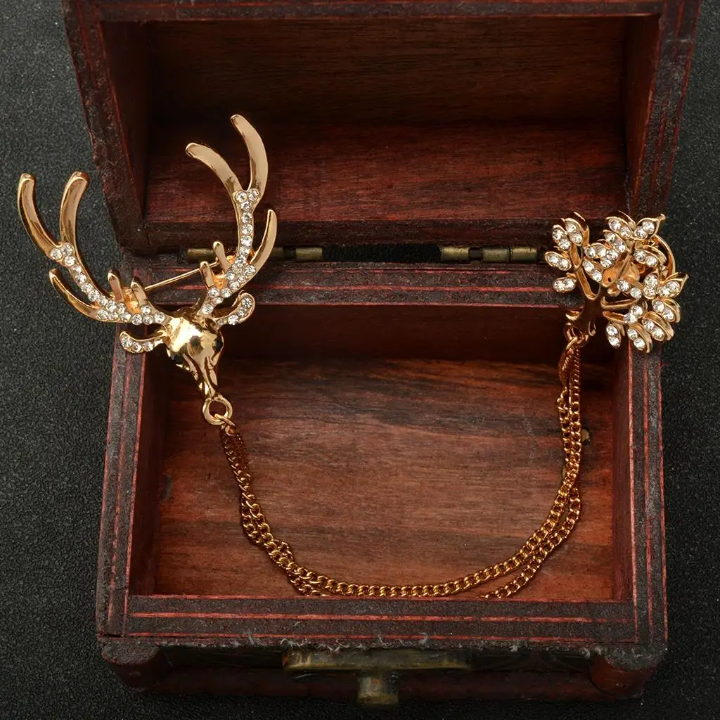 Gold Deer Tree Collar Neck Tip Brooch Lapel Pin Chain Jewellery Gift for Men Women