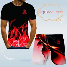 New Flame Print Men's Sportswear Short-Sleeved Shorts Russian Red Flame 2-Piece Set of Smoke Elements Summer Fashion Trend
