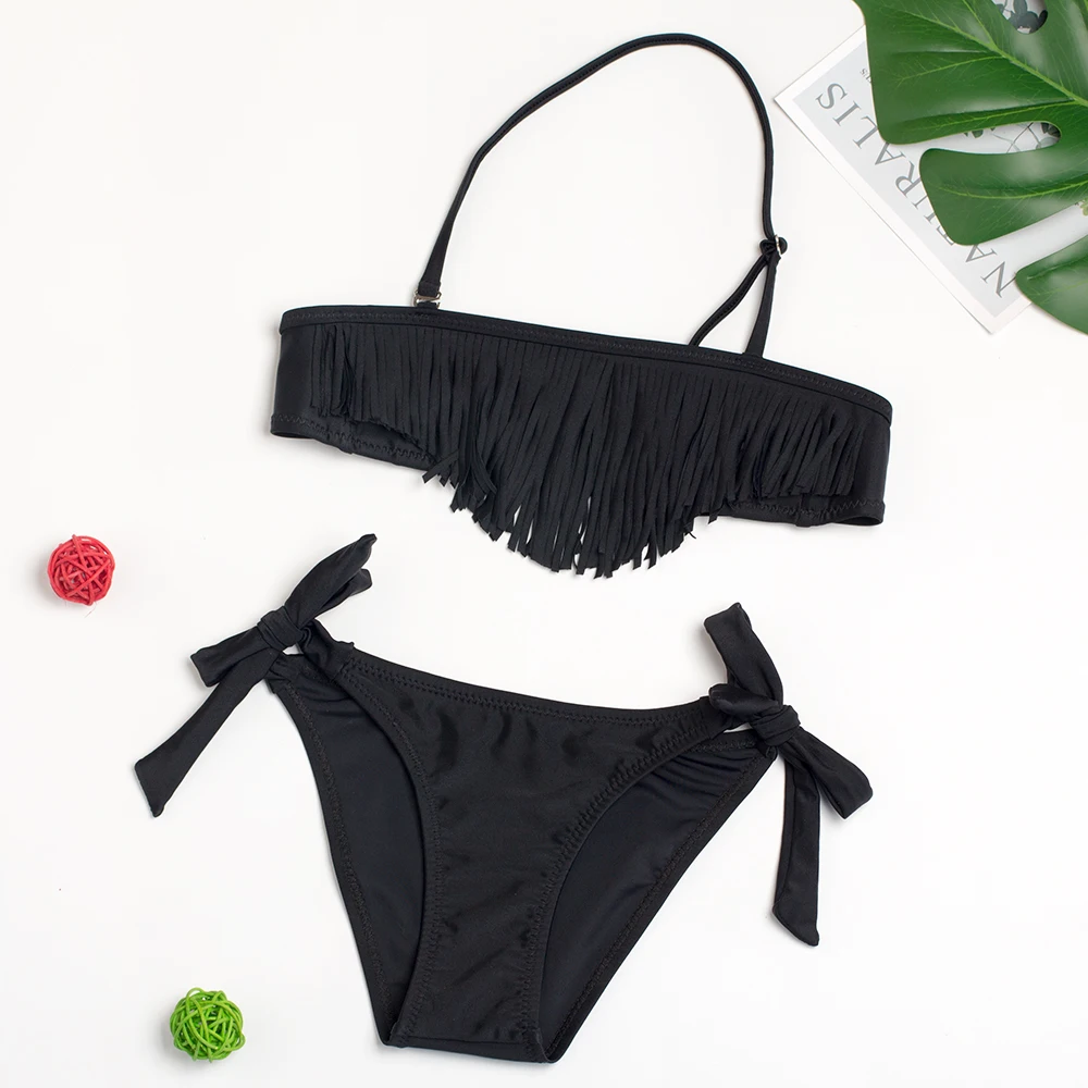 

2019 Girls Black Tassel Tankini Swimsuits Summer Beachwear Children Girls Bathing Suits Two-pieces Girls Bikini Swimsuits