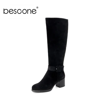 

BESCONE Ladies Mid-Calf Boots Comfortable Round Toe Handmade Zipper Square Heel Shoes Casual Solid High Heel Women Boots BC344