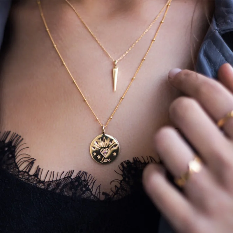 

Minimalist Fashion Design Engraved Love Luck Pendant Necklaces For Women Beads Chain Love Heart Charm Gold Coin Necklace
